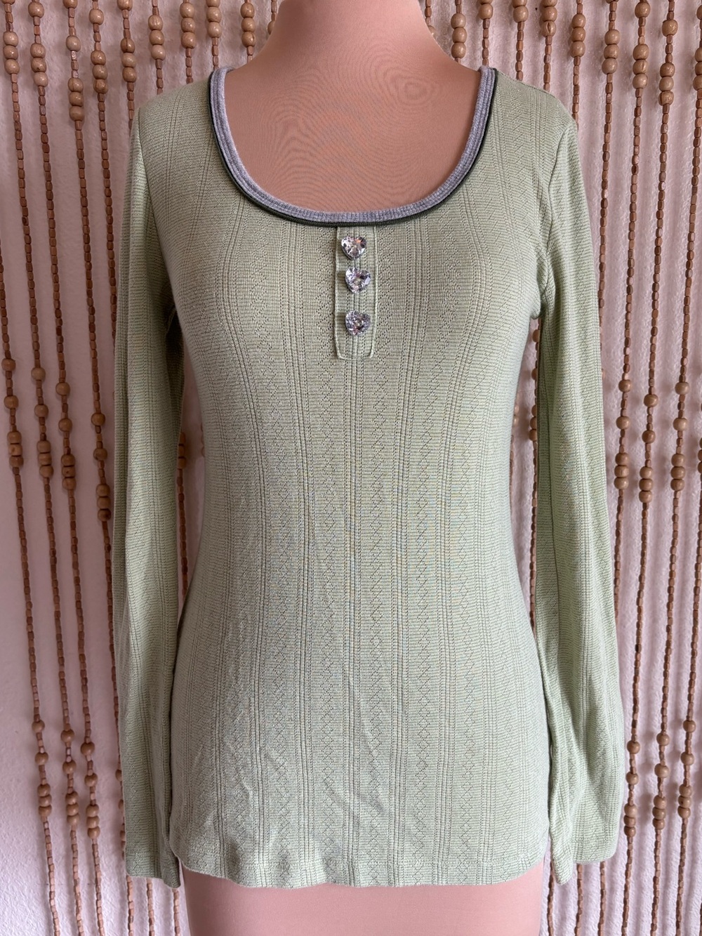 FANG Y2K Light Green Ribbed Heart Rhinestone Detail Long Sleeve Layering Henley